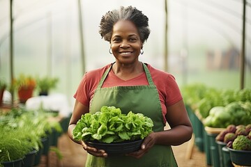 Smiley middle aged African American woman with her garden vegetable crop. Natural products as the basis of health at any age. She is standing in apron in greenhouse with a basket of vegetables.