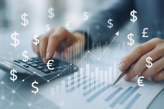 Financial analysis with currency symbols, calculator and business graph showing investment growth and global economy concept