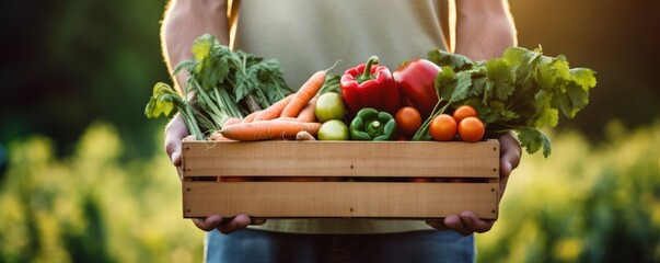 Cropped photo of a hands of a male farmer with his harvest of garden vegetables in a wooden box. Natural products as the basis of health in any age.