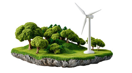 Eco-Friendly Wind Turbine: A miniature island showcases a vibrant green landscape. a solitary wind turbine stands tall, its blades poised, signifying the beauty of renewable energy.