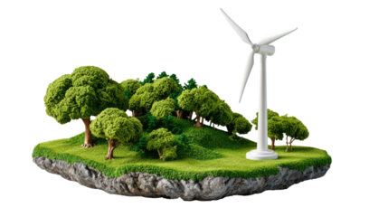 Eco-Friendly Wind Turbine: A miniature island showcases a vibrant green landscape. a solitary wind turbine stands tall, its blades poised, signifying the beauty of renewable energy.