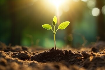 Close-up view of a new plant. The Sapling are growing from the soil with sunlight.