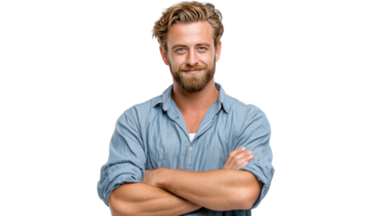 Confident Male: A portrait of a self-assured, smiling man with a well-groomed beard, gazing at the camera. His arms are crossed in a gesture of confidence and approachability.