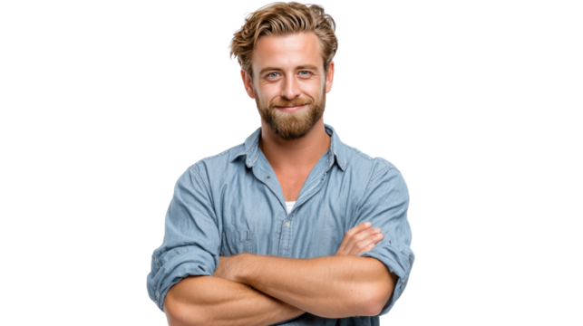 Confident Male: A portrait of a self-assured, smiling man with a well-groomed beard, gazing at the camera. His arms are crossed in a gesture of confidence and approachability.