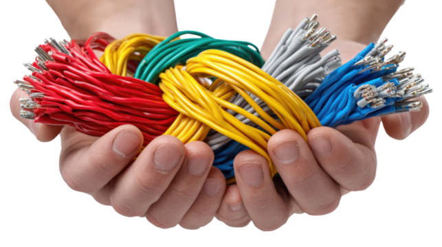 Electrical Wires in Hands: Close-up shot showcasing a pair of hands gently cradling a vibrant assortment of electrical wires. Capturing the essence of connectivity and intricate network.