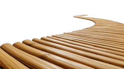 A minimalist curved walkway made of natural bamboo logs on a transparent background