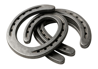 Obraz premium Stack of five metal horseshoes with multiple holes arranged in a pile on transparent background.