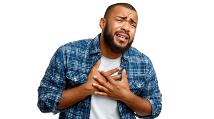 Man in Discomfort: Capturing a poignant moment, the image portrays a man clutching his chest, his face etched with pain, encapsulating the physical and emotional turmoil of a moment. 