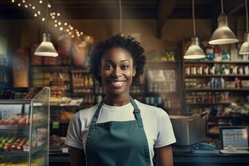 A young African American woman who owned a grocery store smiling and looking at camera. Your own small business in a country of equal opportunities.
