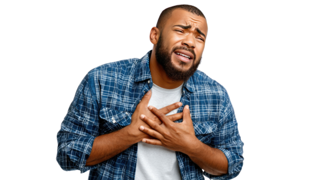 Man in Discomfort: Capturing a poignant moment, the image portrays a man clutching his chest, his face etched with pain, encapsulating the physical and emotional turmoil of a moment. 