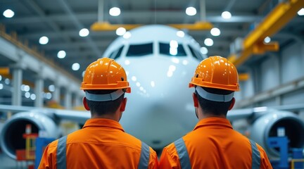 Two aircraft mechanics in orange uniforms inspecting a large airplane in a hangar