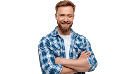 Content bearded guy and his charming smile: A portrait of a smiling guy with a thick beard, radiates friendliness and approachability, embodying the essence of positive emotions and confidence.