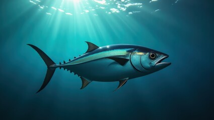 Obraz premium Tuna fish swimming in deep ocean water.