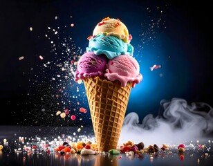 Colorful multi-scoop ice cream cone with vibrant sprinkles and dramatic smoke effect on a dark background.