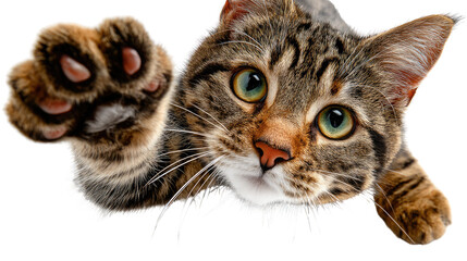 Playful Feline: A curious tabby cat extends its paw, with captivating green eyes, capturing a moment of innocent curiosity and playfulness. 