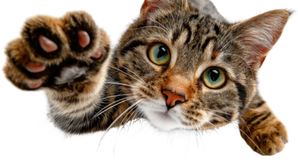 Playful Feline: A curious tabby cat extends its paw, with captivating green eyes, capturing a moment of innocent curiosity and playfulness. 