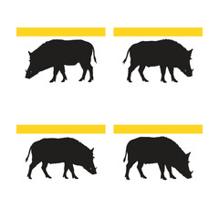A set of four black wild boar silhouettes, each depicted foraging under a yellow banner and isolated on a white background.