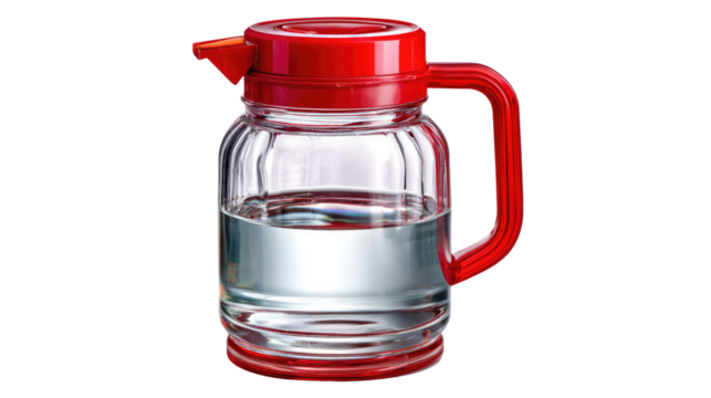 Pure Pitcher: A close-up image of a transparent glass pitcher with a vibrant red lid and handle, half-filled with crystal-clear water, emphasizing simplicity and refreshment. 