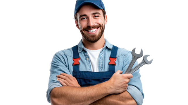 Smiling Mechanic: A skilled mechanic with a warm smile, posed confidently holding a pair of wrenches, ready to provide top-notch service. - Powered by Adobe