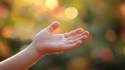 Open Child's Hand Reaching Out Against Soft Bokeh Background in Golden Hour Light