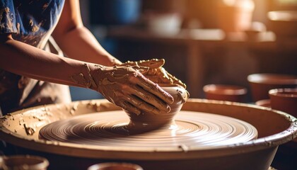 Close-up Of Hands Shaping Clay On Pottery Wheel