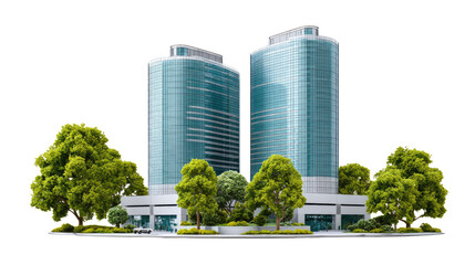 Modern Cityscape: A striking image showcasing a modern city with two towering skyscrapers, surrounded by lush green trees.