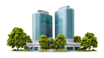 Modern Cityscape: A striking image showcasing a modern city with two towering skyscrapers, surrounded by lush green trees.