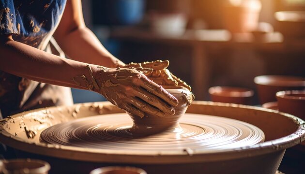 Close-up Of Hands Shaping Clay On Pottery Wheel
