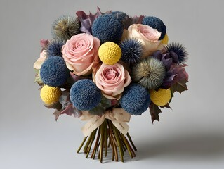 A charming bouquet features pastel roses, blue thistle globes, and yellow billy buttons tied with ribbon bow.