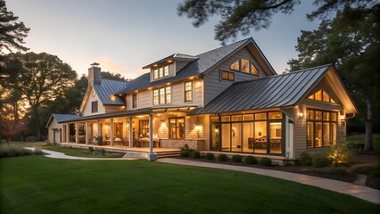 Obraz premium Blue farmhouse, Texas Hill Country, stone path, landscaping, real estate