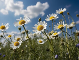 Beautiful field meadow flowers chamomile, blue wild peas in morning against blue sky with cloud