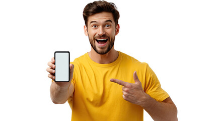 The tech-savvy's Delight: A happy person proudly showcases a sleek, modern phone, beckoning the viewer to explore a realm of possibilities in a modern era. 