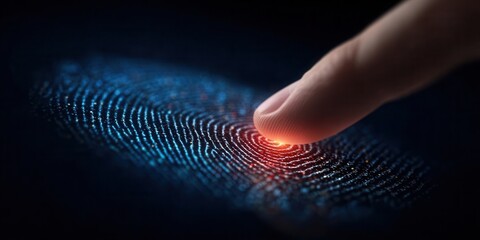 Finger Presses Fingerprint Scanner on Dark Futuristic Background
