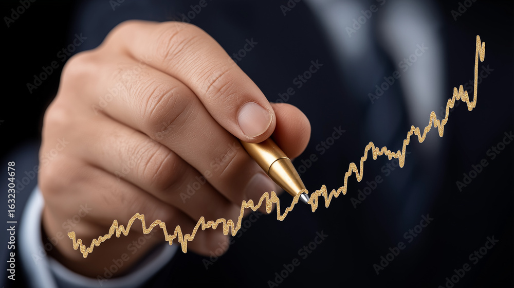 Poster charting success: a close-up shot of a hand tracing a rising graph line with a golden pen, represent