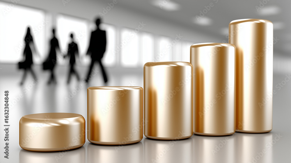 Poster growth and progression: metallic cylinders ascend in a visually appealing display. silhouetted figur