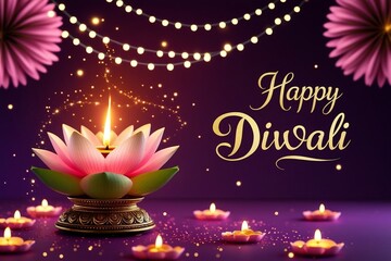 Glowing Lotus Candle and Diyas with Festive Fireworks on Purple Background – Joyful Diwali Night, Spiritual Festival Decor, AI-Generated