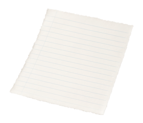 A single piece of torn-out lined notebook paper with blue horizontal lines on transparent background.