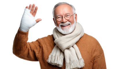 Smiling Senior with Injury: A cheerful senior man, wearing glasses, and wrapped in a scarf, smiles and waves, showcasing a bandaged wrist, embodying resilience, healthcare, and optimism.