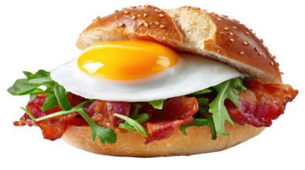 Savory Breakfast Sandwich: A close-up of a delicious sandwich featuring crispy bacon, a perfectly fried egg with a runny yolk, and fresh arugula, all nestled between a sesame seed bun. 