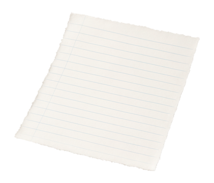 A single piece of torn-out lined notebook paper with blue horizontal lines on transparent background.