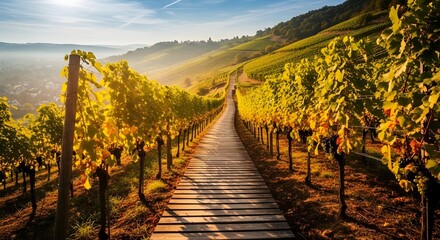 Obraz premium Wooden path through vineyard with golden leaves and distant city view at sunset