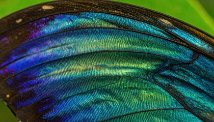 Obraz premium Close-Up of Iridescent Butterfly Wing Displaying Vibrant Blue and Green Patterns in Nature's Intricate Detail