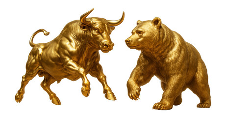 Golden bull and bear statues representing financial market trends facing each other on transparent background.