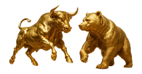 Golden bull and bear statues representing financial market trends facing each other on transparent background.