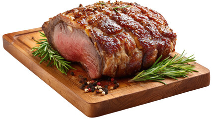 Roasted Delight on Wooden Platter: A mouthwatering close-up of a perfectly roasted meat on a wooden cutting board, garnished with rosemary sprigs and peppercorns, set against a plain background.