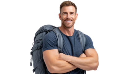 Adventurer with Backpack Ready to Explore: A confident traveler, clad in hiking attire, stands with arms crossed, an adventurous soul with backpack ready to embrace outdoor challenges