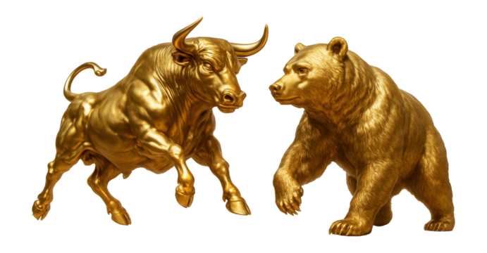 Golden bull and bear statues representing financial market trends facing each other on transparent background.