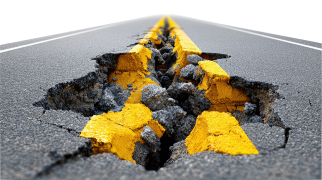 Cracked Road Surface: Illustrative shot of a road marred by significant cracks and destruction. The image underscores infrastructure decay and potential hazards. - Powered by Adobe
