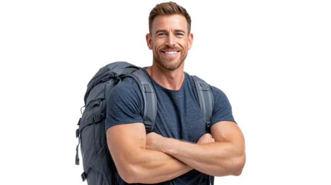 Adventurer with Backpack Ready to Explore: A confident traveler, clad in hiking attire, stands with arms crossed, an adventurous soul with backpack ready to embrace outdoor challenges