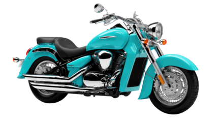Turquoise Cruiser Motorcycle: A sleek, turquoise cruiser motorcycle stands ready to take to the open road. Its shiny chrome accents gleam. It embodies freedom.